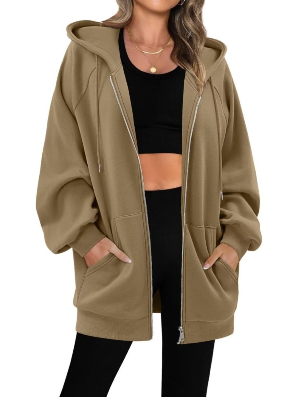 Women Khaki Oversized Shirts Casual Hooded Neck Long Sleeve Pocket Fall Jacket
